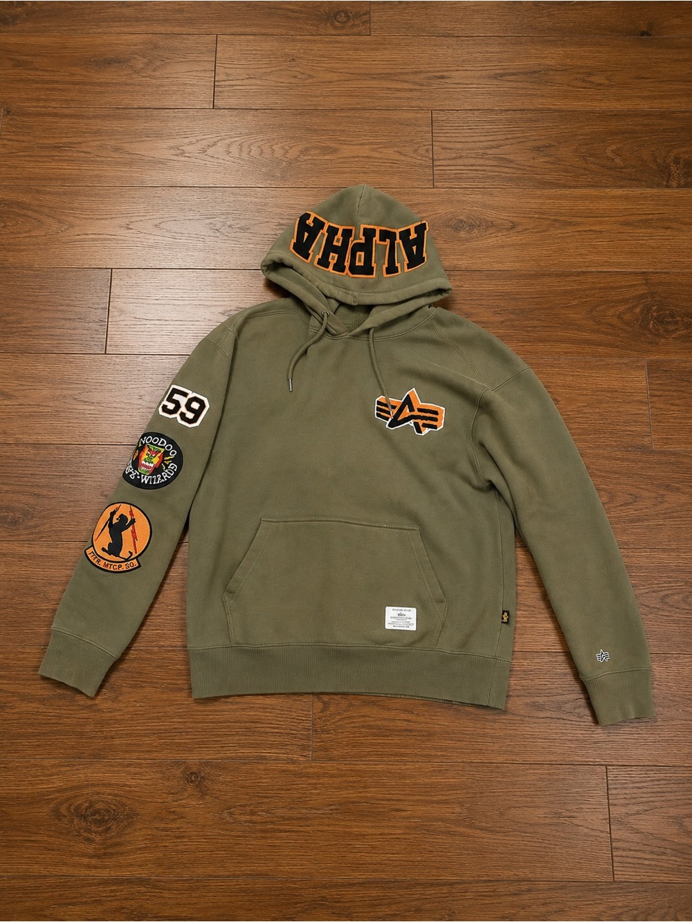 Alpha Industries Olive Hoodie with Orange & Black Patch Accents